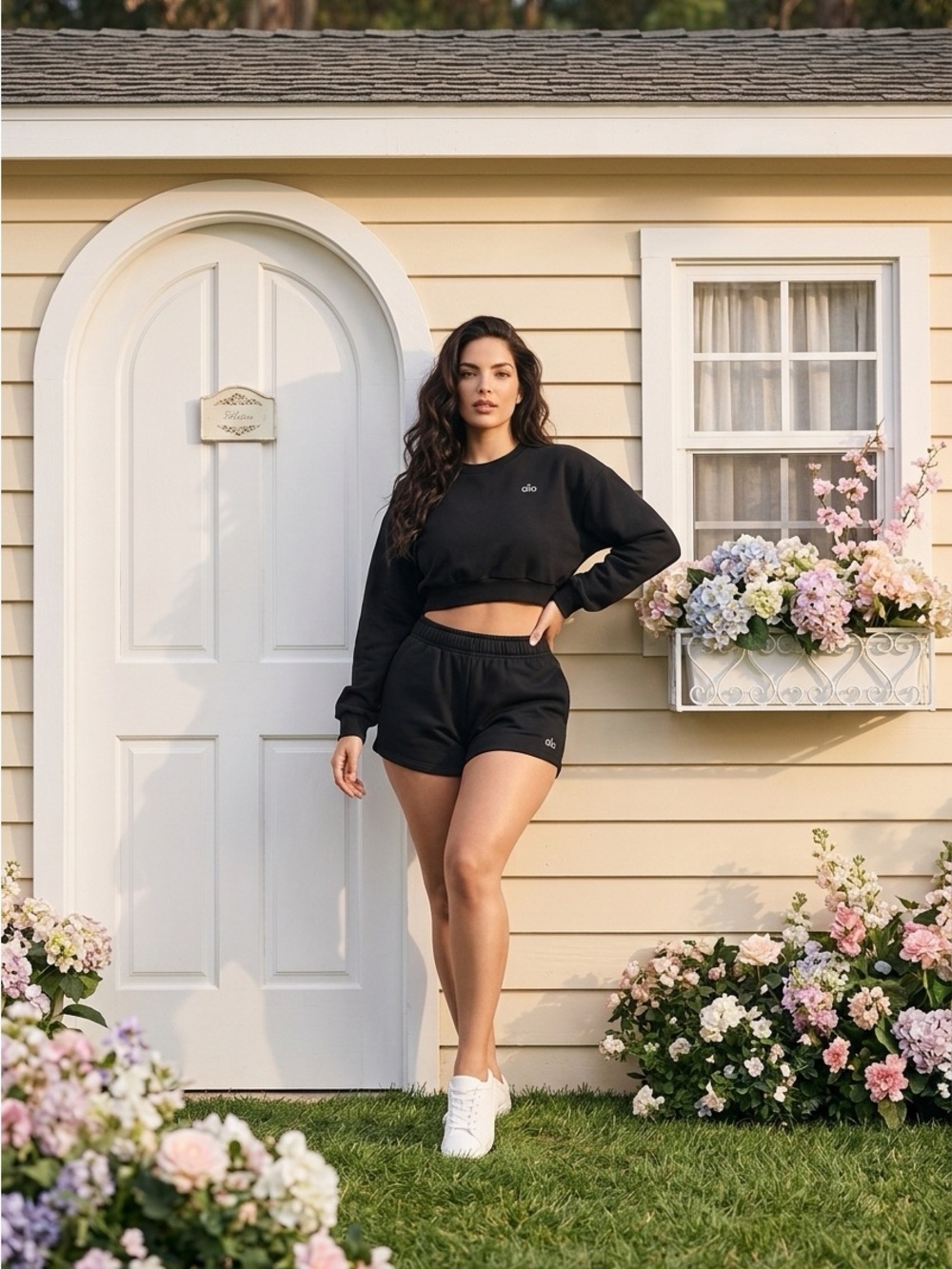 Alo Black Cropped Sweatshirt & Shorts Set